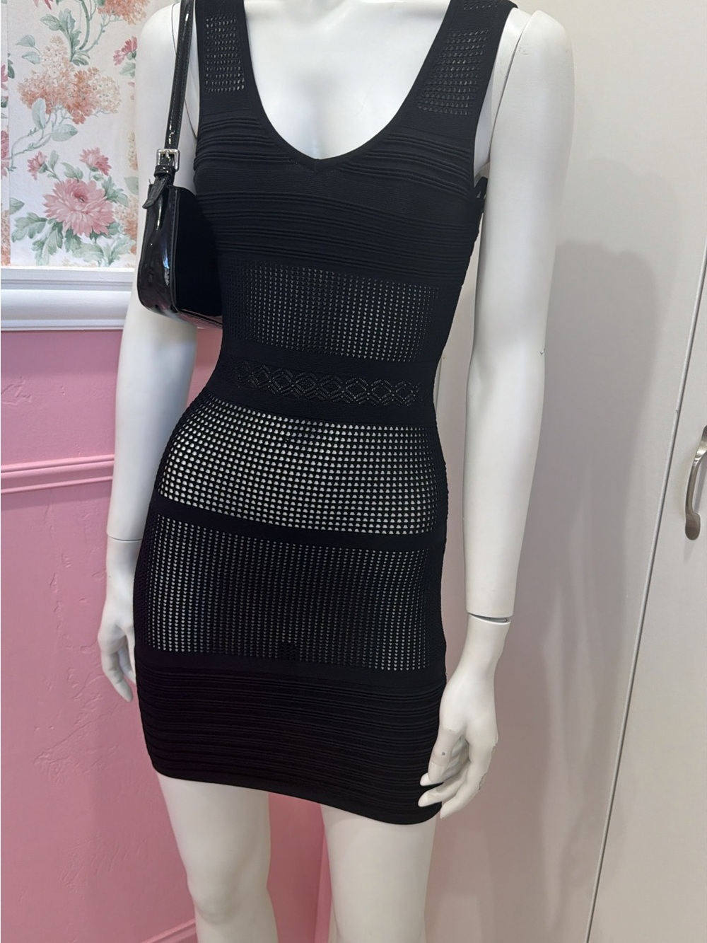 bebe Black Knit Sheer-Panel Mini Dress